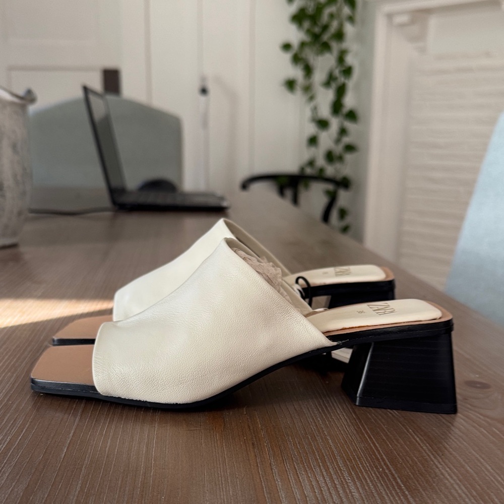 Zara Cream Mules with Black Block Heel